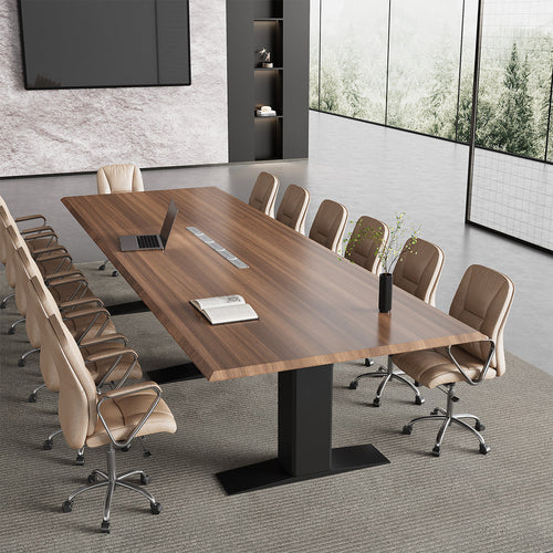 Modern conference room with a long wooden table and chairs.
