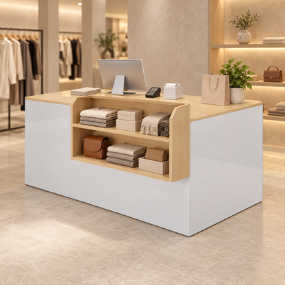 Retail reception counter in a modern commercial interior