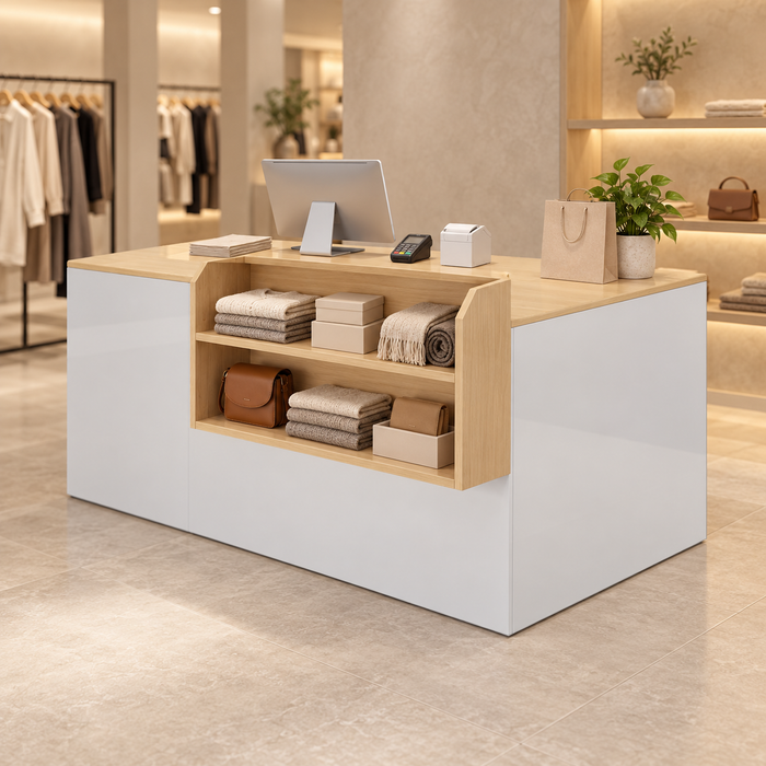 Retail reception counter in a modern commercial interior