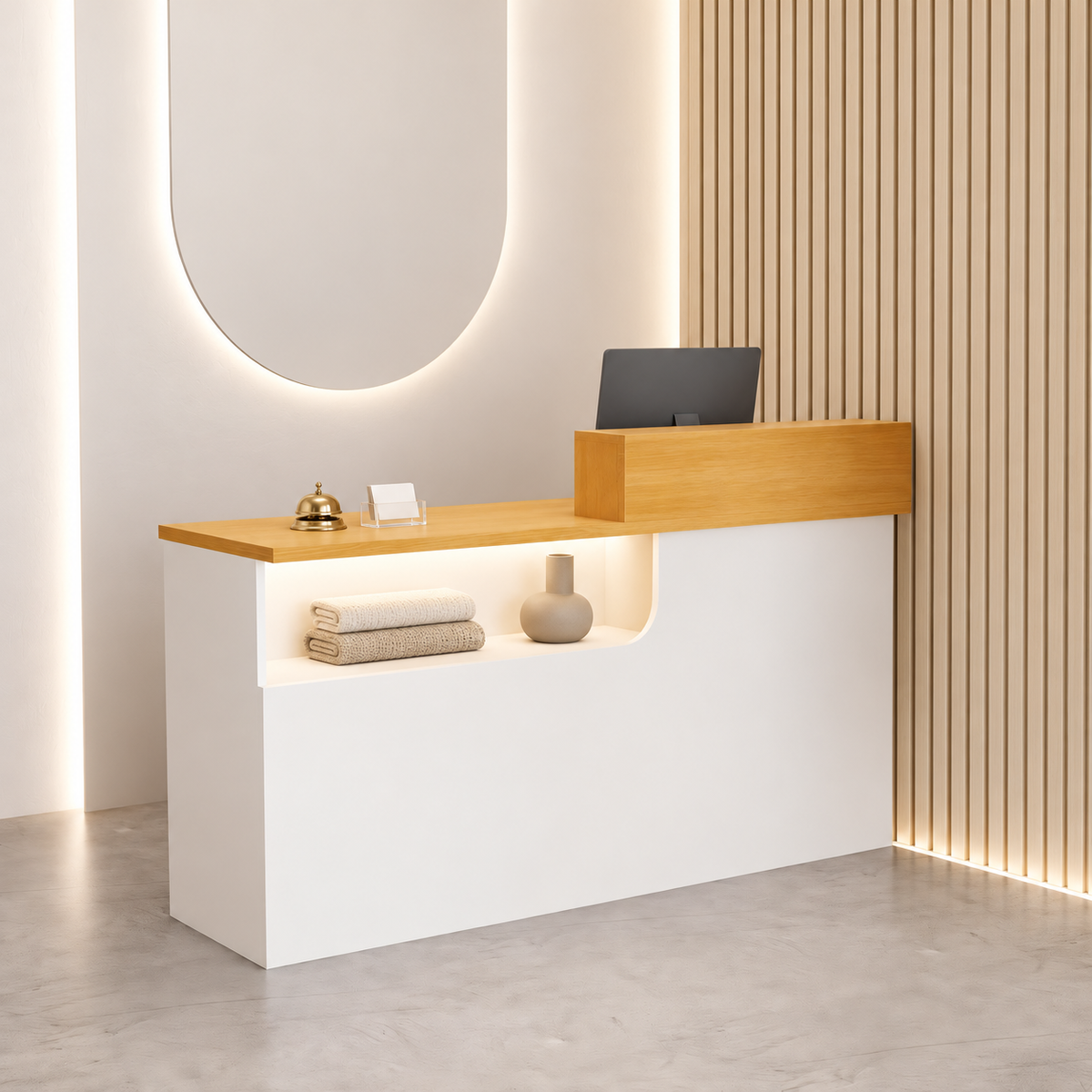 Compact Curved Reception Desk with Lockable Storage — front scene view