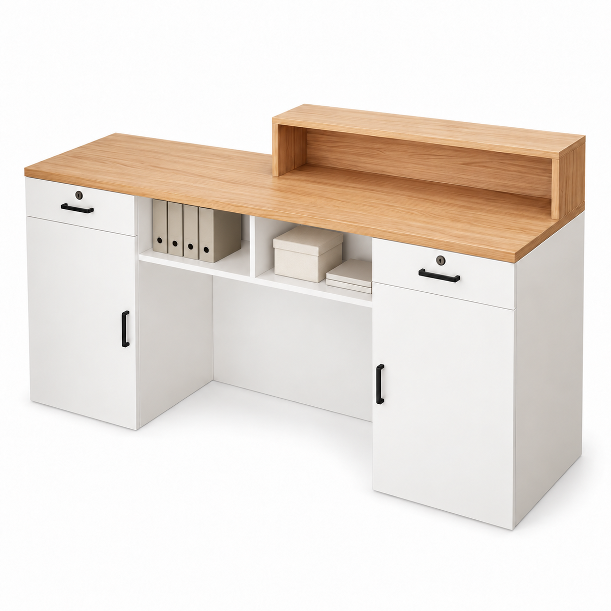 Compact Curved Reception Desk with Lockable Storage — rear staff-side white-background view