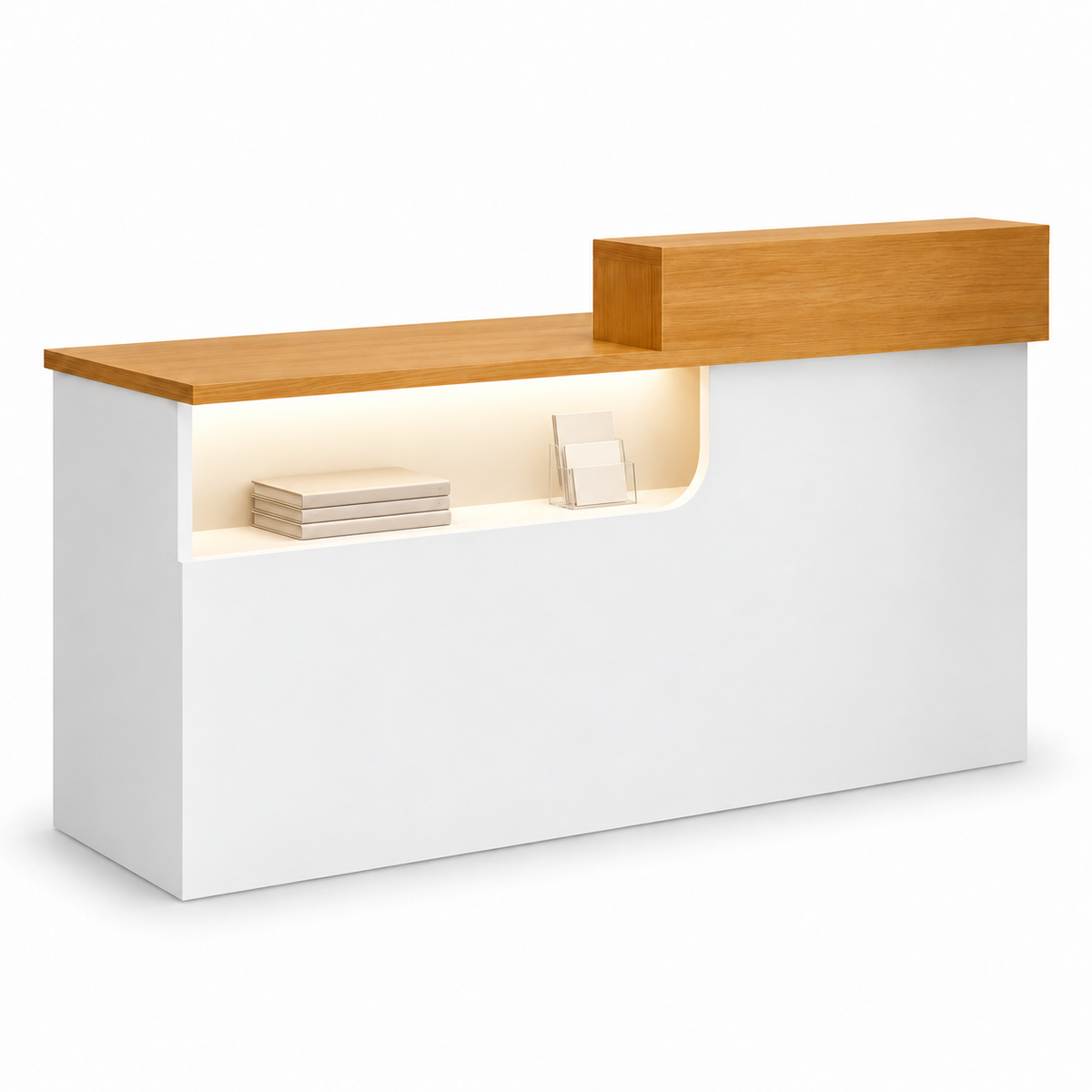Compact Curved Reception Desk with Lockable Storage — Walnut and White left-side-higher front white-background view