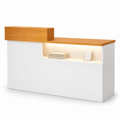Compact Curved Reception Desk with Lockable Storage — Walnut and White right-side-higher front white-background view