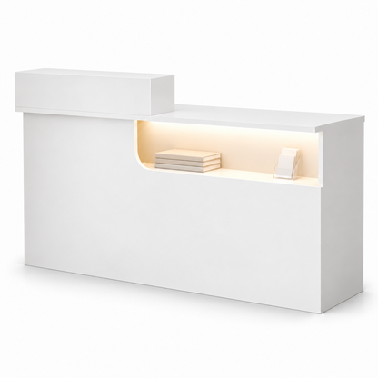 Compact Curved Reception Desk with Lockable Storage — White right-side-higher front white-background view