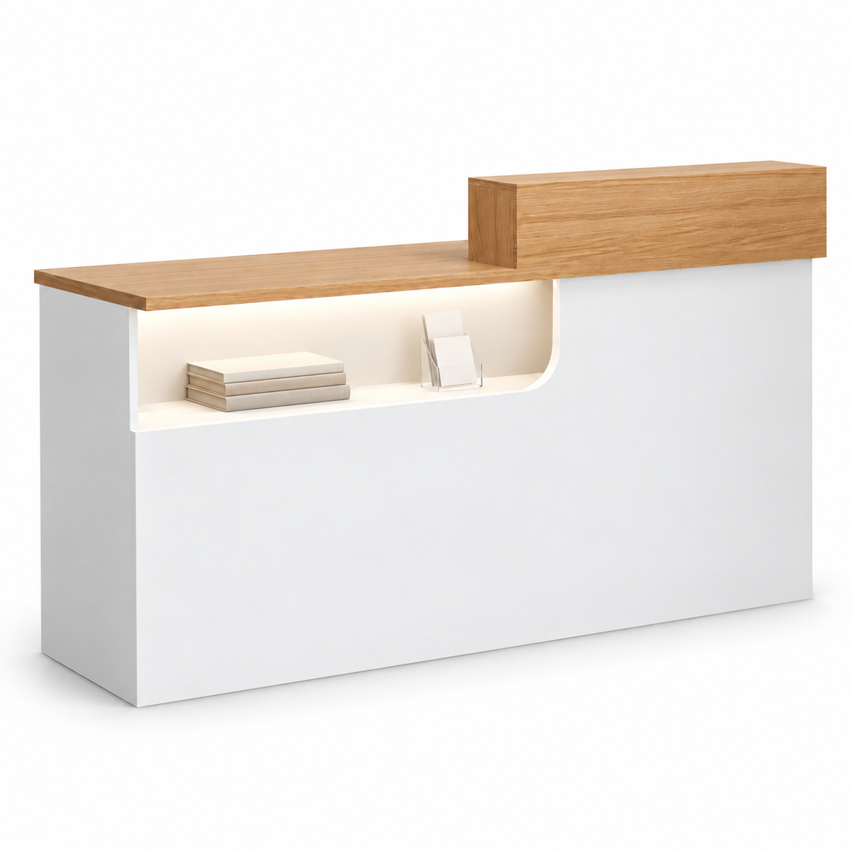 Compact Curved Reception Desk with Lockable Storage — Wood Colour and White left-side-higher front white-background view