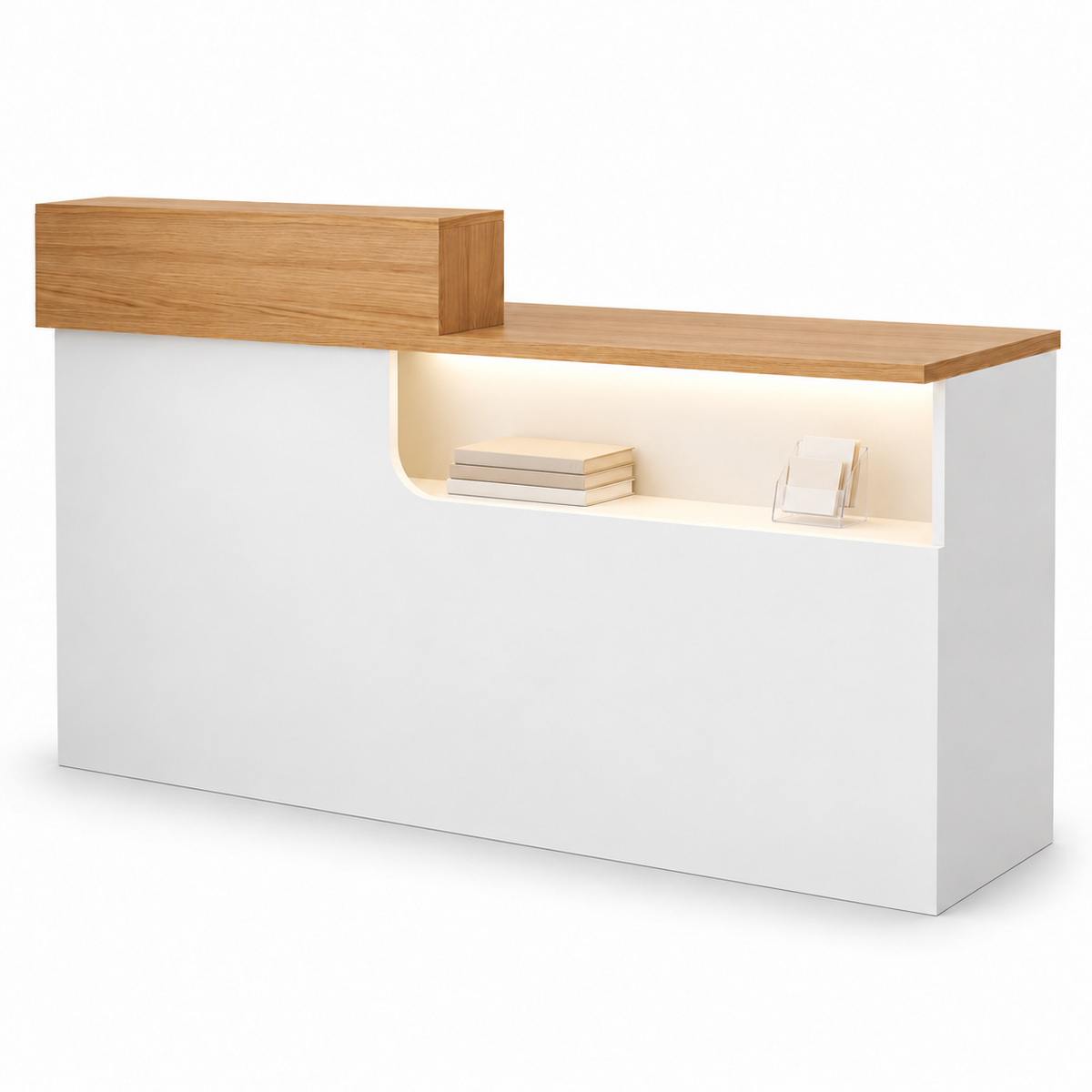 Compact Curved Reception Desk with Lockable Storage — Wood Colour and White right-side-higher front white-background view