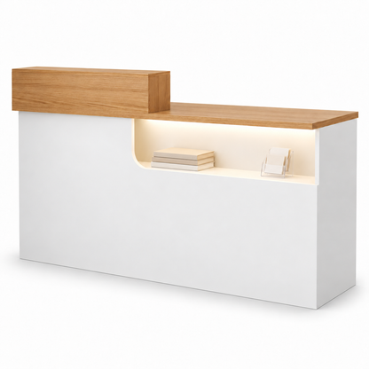 Compact Curved Reception Desk with Lockable Storage — Wood Colour and White right-side-higher front white-background view