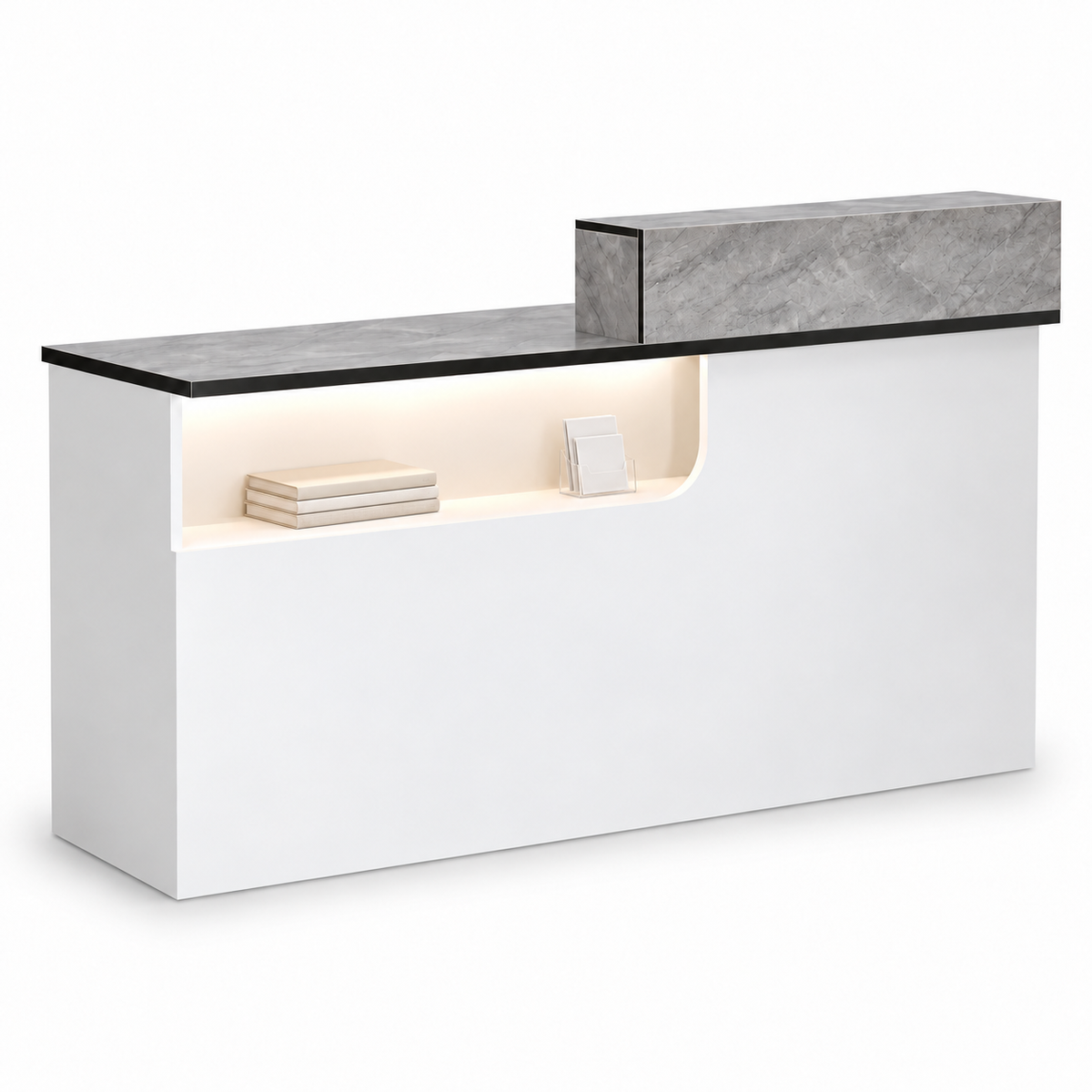 Compact Curved Reception Desk with Lockable Storage — Grey Marble and White left-side-higher front white-background view