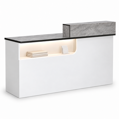 Compact Curved Reception Desk with Lockable Storage — Grey Marble and White left-side-higher front white-background view