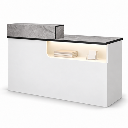 Compact Curved Reception Desk with Lockable Storage — Grey Marble and White right-side-higher front white-background view