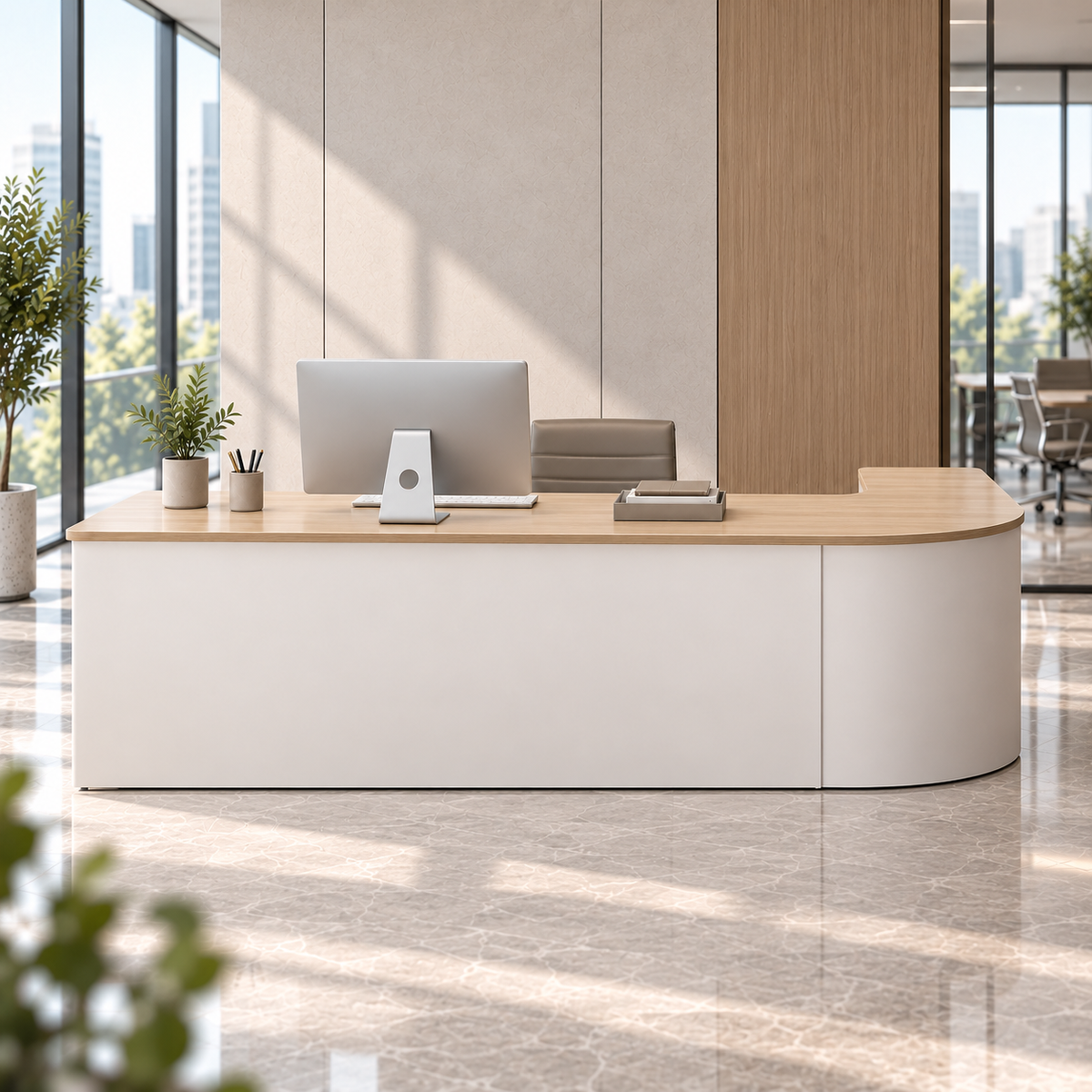 Rounded L-Shaped Reception Counter with Lockable Storage — front scene