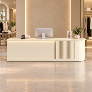 Modern L-Shaped Reception Counter with Stone-Look Finishes in a modern commercial interior