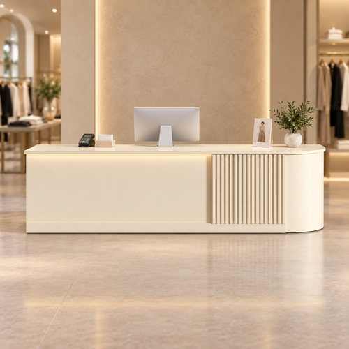 Modern L-Shaped Reception Counter with Stone-Look Finishes in a modern commercial interior