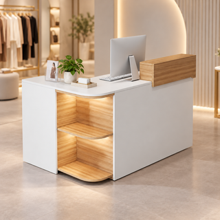 Compact L-Shaped Reception Counter with Open Display Shelves in a modern commercial interior
