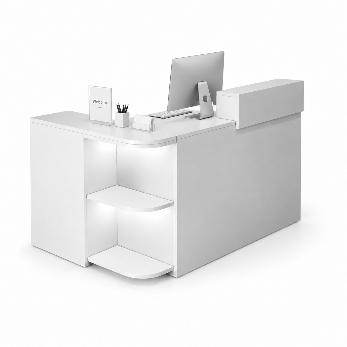 Compact L-Shaped Reception Counter with Open Display Shelves 1