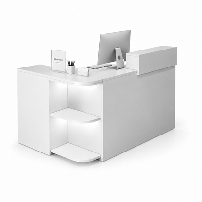 Compact L-Shaped Reception Counter with Open Display Shelves 1