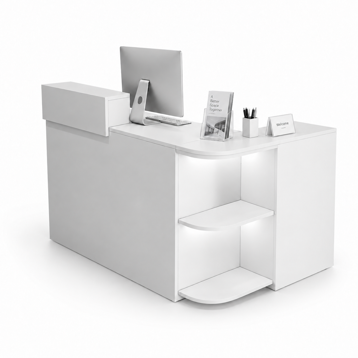 Compact L-Shaped Reception Counter with Open Display Shelves 2