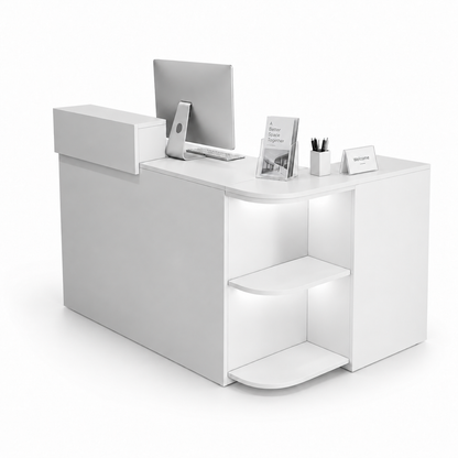Compact L-Shaped Reception Counter with Open Display Shelves 2