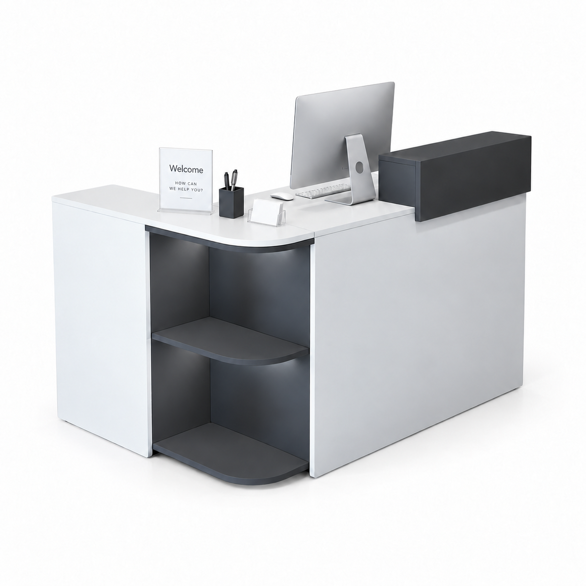 Compact L-Shaped Reception Counter with Open Display Shelves 3