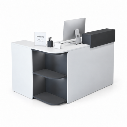 Compact L-Shaped Reception Counter with Open Display Shelves 3