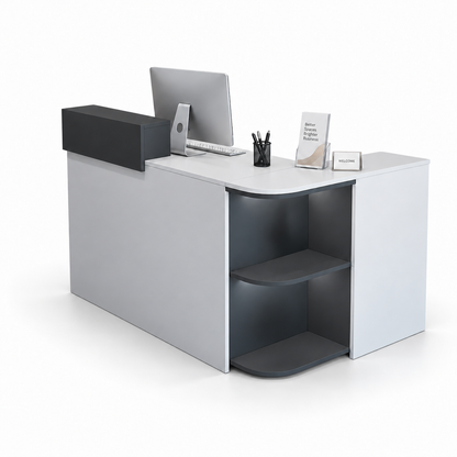 Compact L-Shaped Reception Counter with Open Display Shelves 4