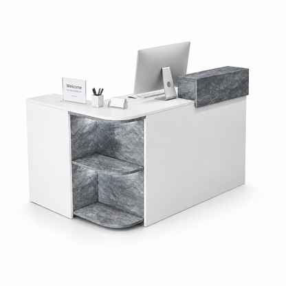 Compact L-Shaped Reception Counter with Open Display Shelves 5