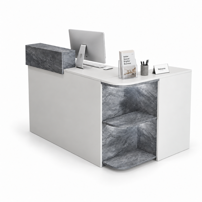 Compact L-Shaped Reception Counter with Open Display Shelves 6