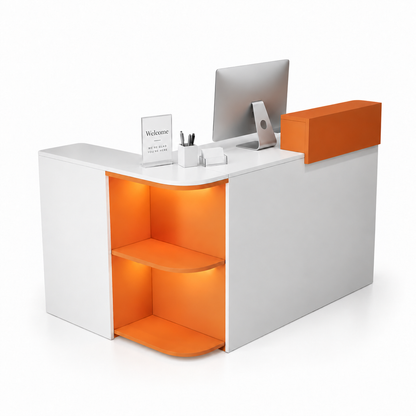 Compact L-Shaped Reception Counter with Open Display Shelves 7