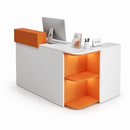 Compact L-Shaped Reception Counter with Open Display Shelves 8