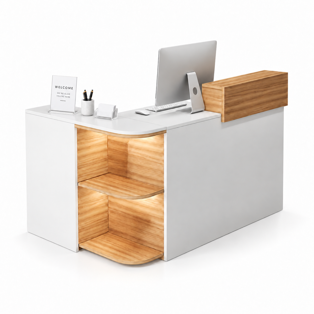 Compact L-Shaped Reception Counter with Open Display Shelves 9