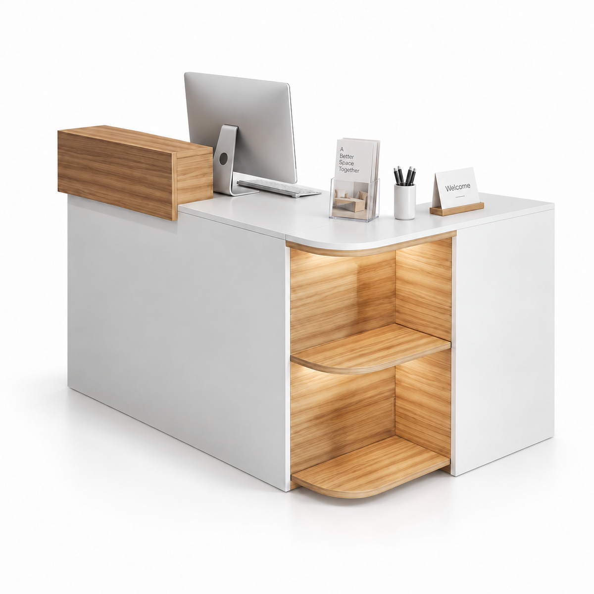 Compact L-Shaped Reception Counter with Open Display Shelves 10