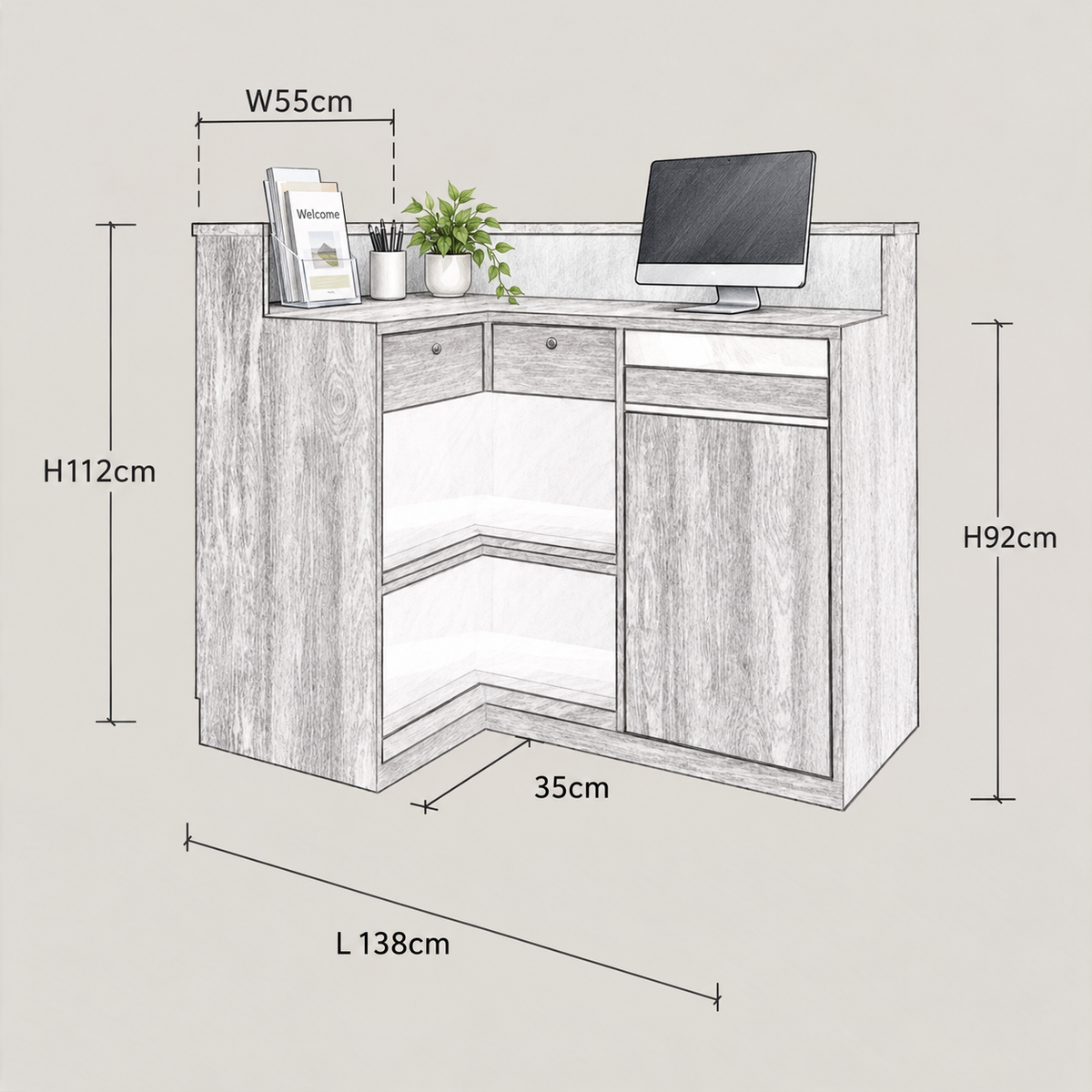 Woodgrain Corner Reception Counter with Curved End