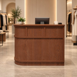 Woodgrain Corner Reception Counter with Curved End in a modern commercial interior