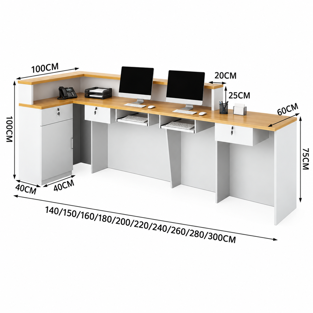 Illuminated L-Shaped Reception Counter with Lockable Storage