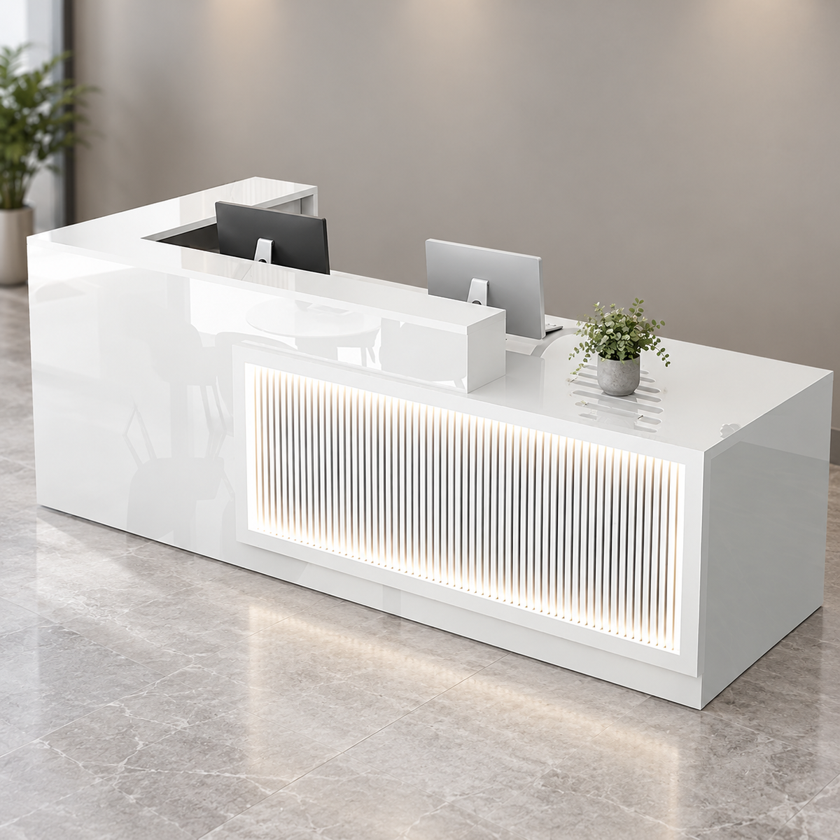 Illuminated L-Shaped Reception Counter with Lockable Storage in a modern commercial interior