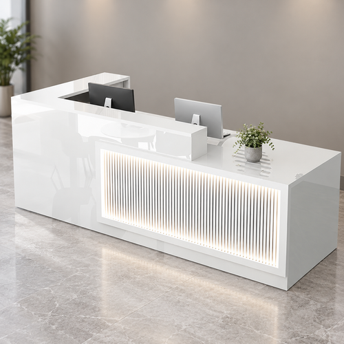 Illuminated L-Shaped Reception Counter with Lockable Storage in a modern commercial interior