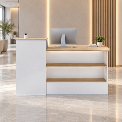 Compact Reception Counter with Open Display Shelves in a modern commercial interior
