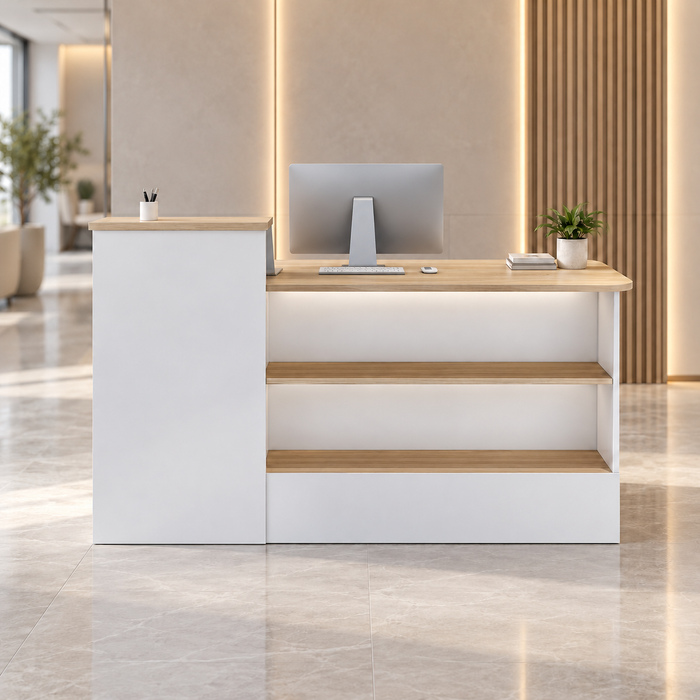 Compact Reception Counter with Open Display Shelves in a modern commercial interior