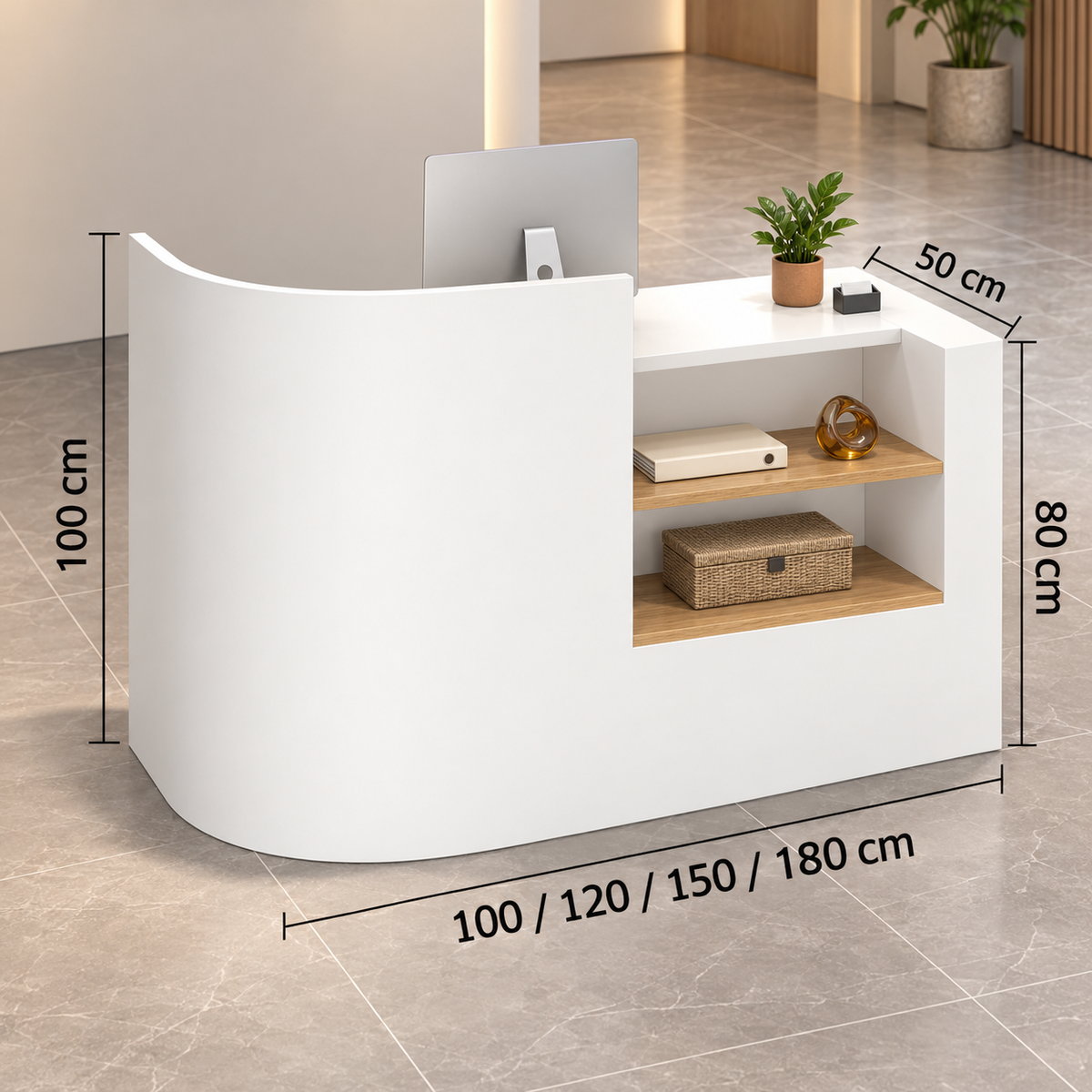 Curved Reception Counter with Wood-Look Shelves