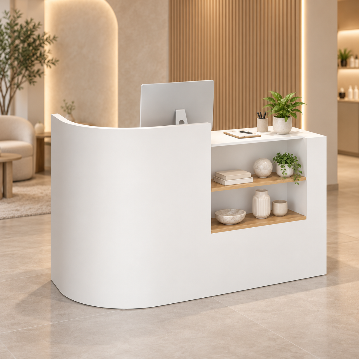 Curved Reception Counter with Wood-Look Shelves in a modern commercial interior