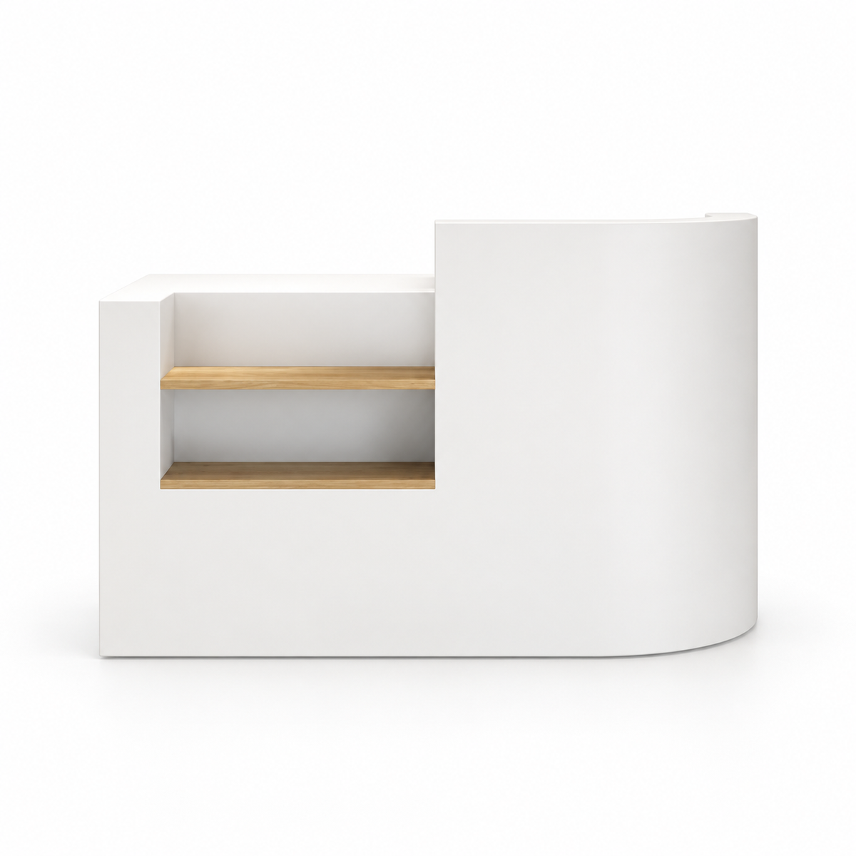 Curved Reception Counter with Wood-Look Shelves 1