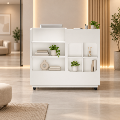 Compact Mobile Reception Counter with Display Shelves in a modern commercial interior