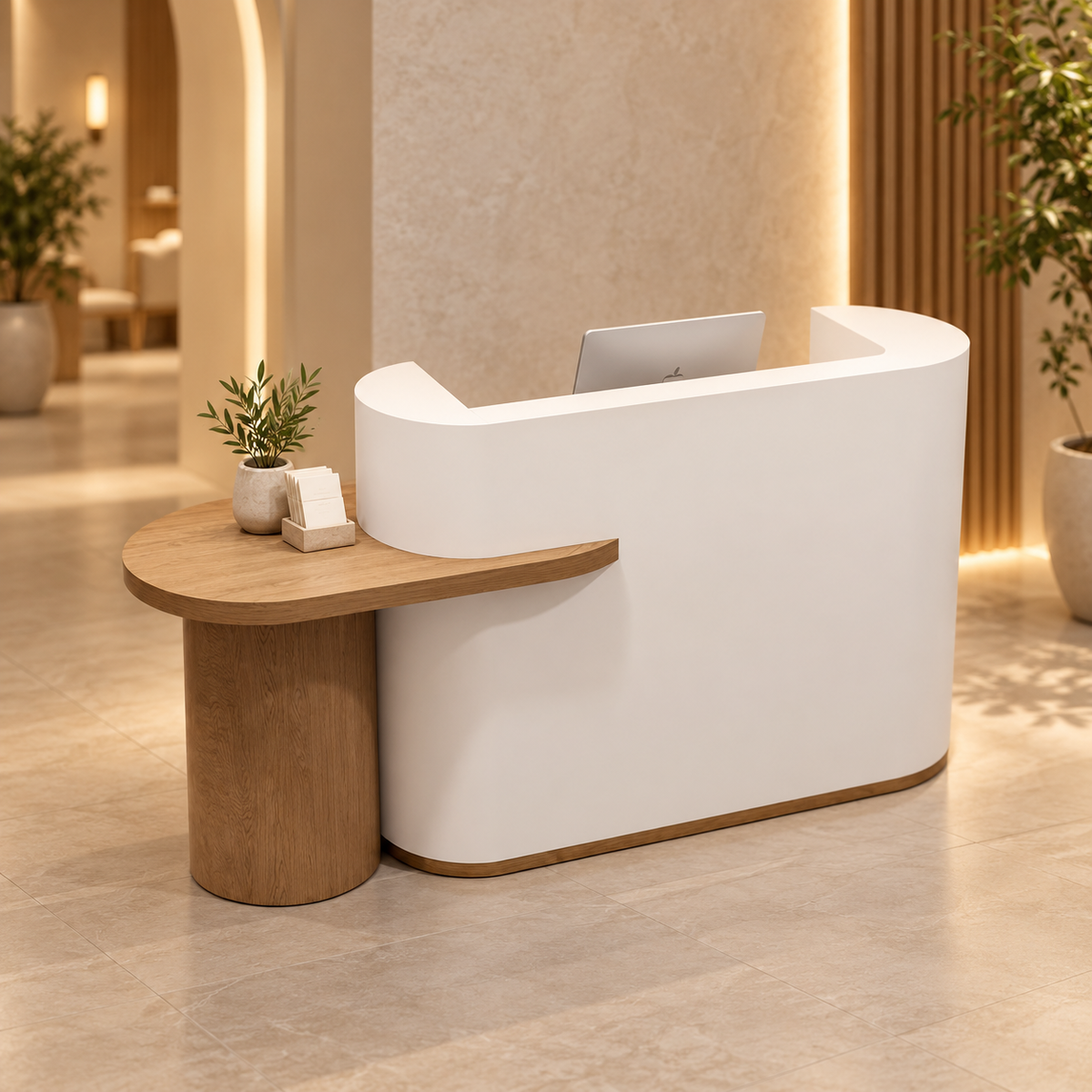 Curved Two-Level Reception Counter with Rear Storage in a modern commercial interior