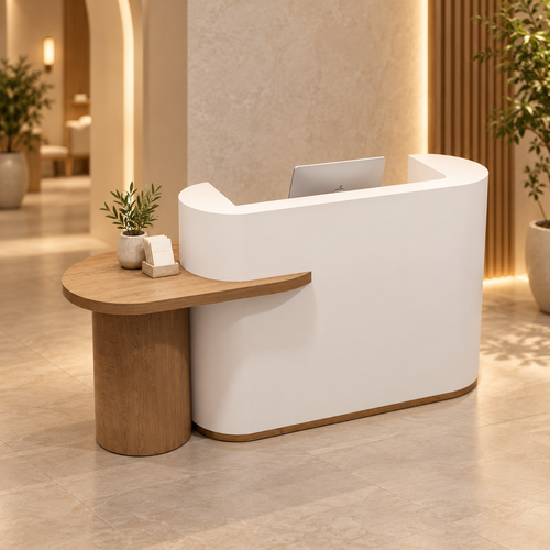 Curved Two-Level Reception Counter with Rear Storage in a modern commercial interior