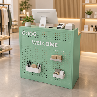 Colourful Perforated Reception Counter with Lockable Storage in a modern commercial interior