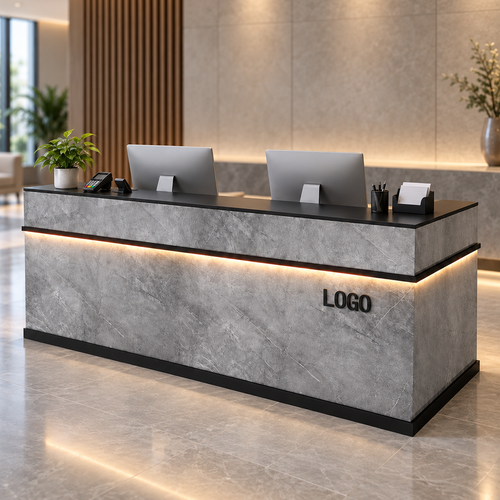 Illuminated Reception Counter with Lockable Storage & Flexible Layout in a modern commercial interior