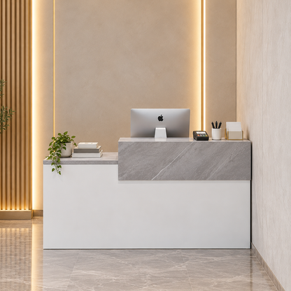Compact L-Shaped Reception Counter with Storage — front scene view