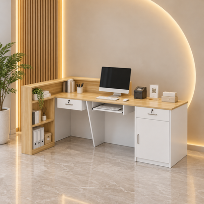Compact L-Shaped Reception Counter with Storage — rear scene view