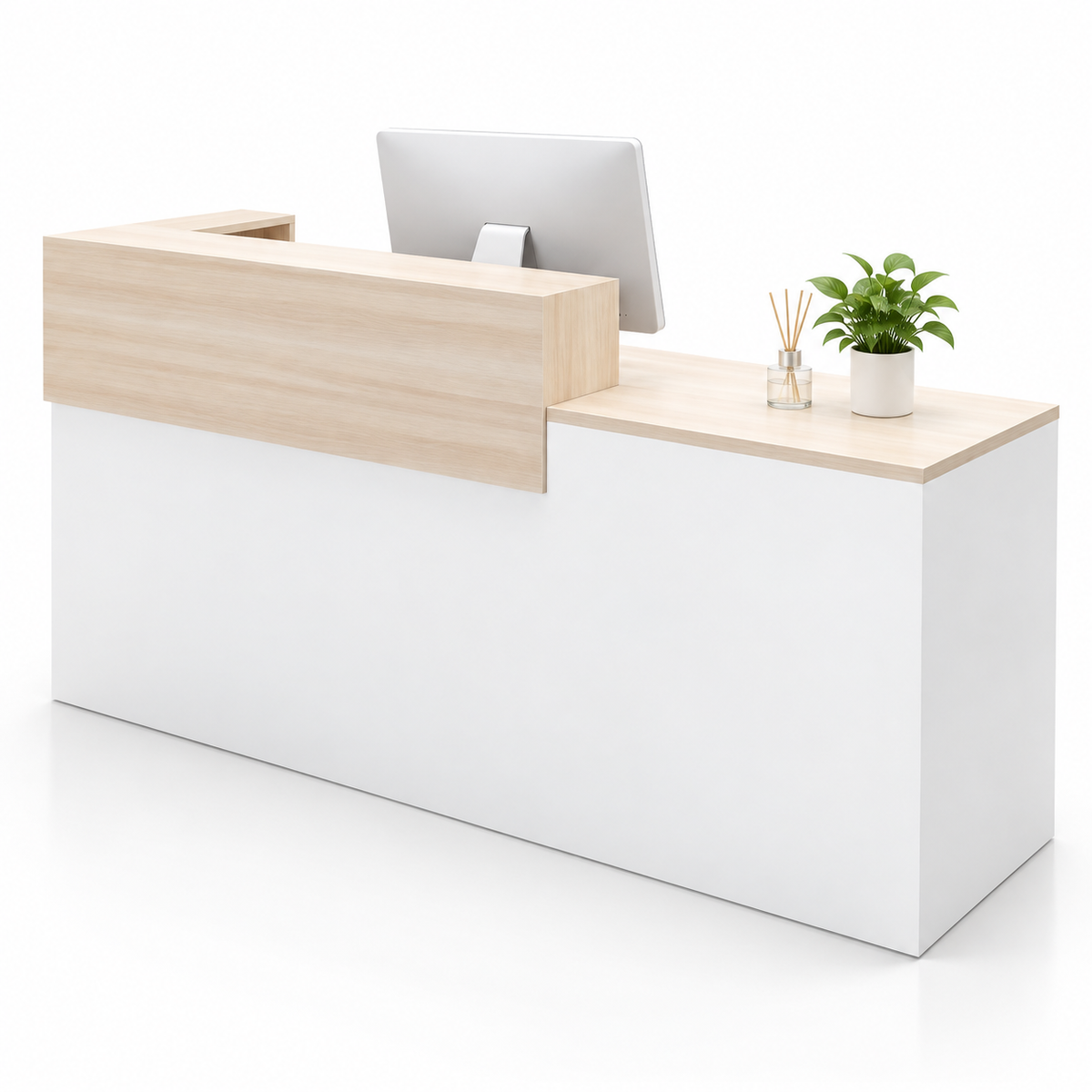 Compact L-Shaped Reception Counter with Storage — 浅木纹+白色-左侧类型-视角1