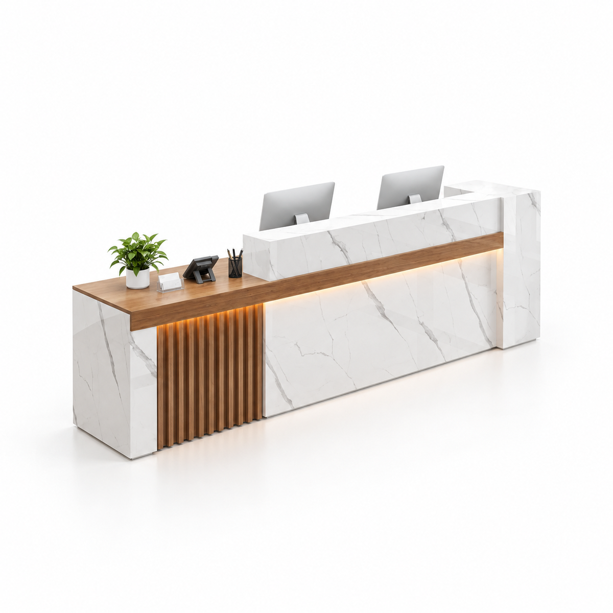 Modern Reception Counter with Fluted Feature Panel & Cable Management — 白色大理石纹+棕色_左款